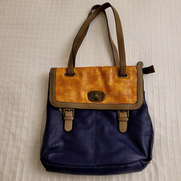 Tan and blue pleather satchel. - Picture 1 of 11